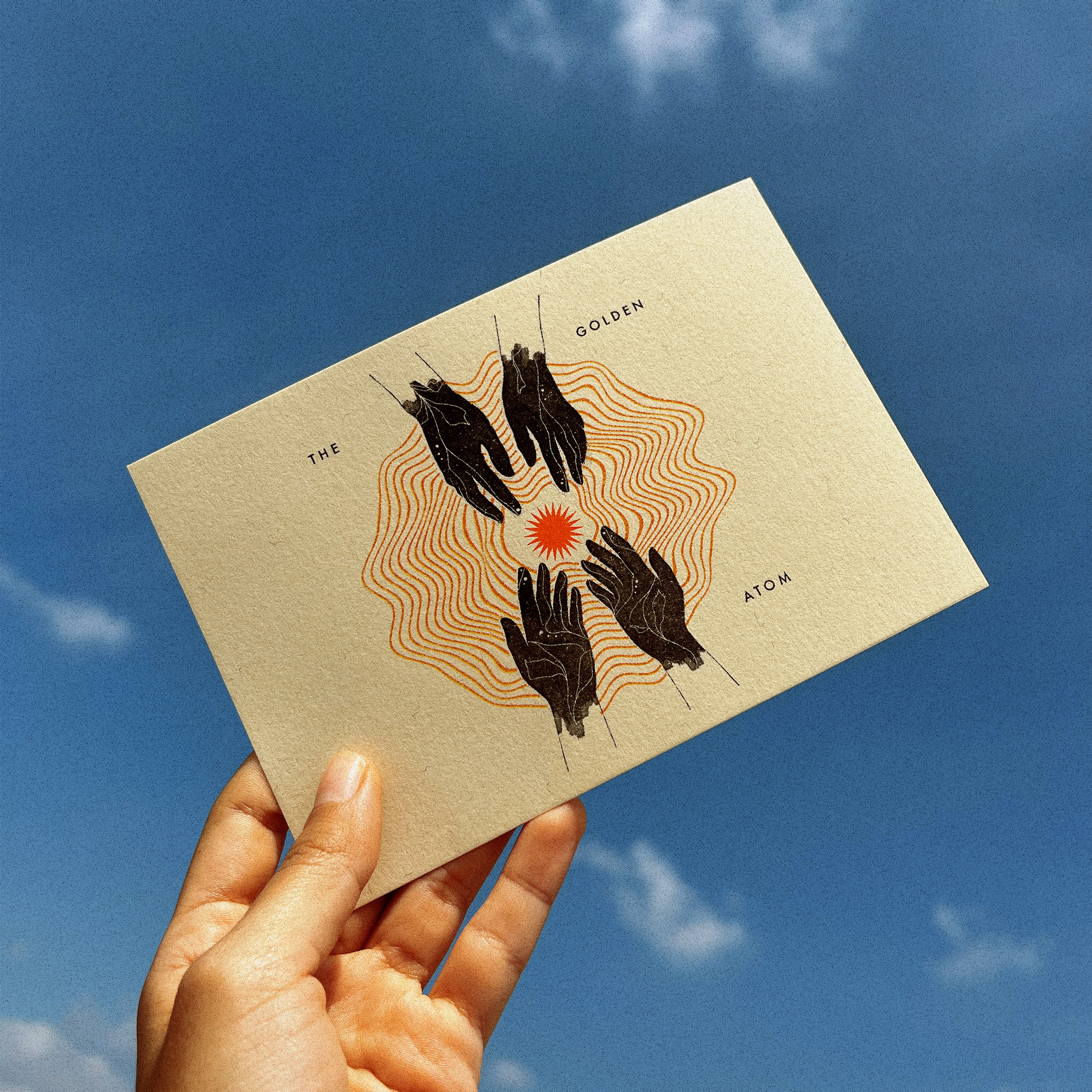 Four-color risograph postcard design printed on textured beige paper, showing an illustration of hands and abstract line art