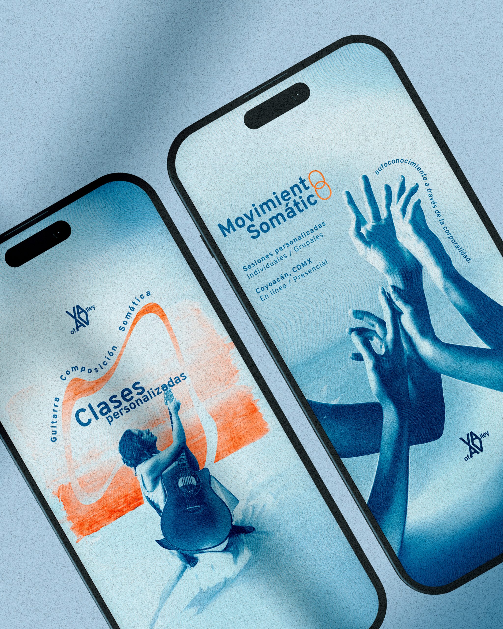 Mockup of two smartphones displaying social media poster designs promoting somatic movement and music classes